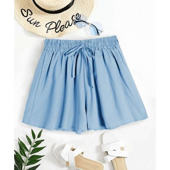 Women's Sky Blue Drawstring Flowy Shorts L - Picture 1 of 8